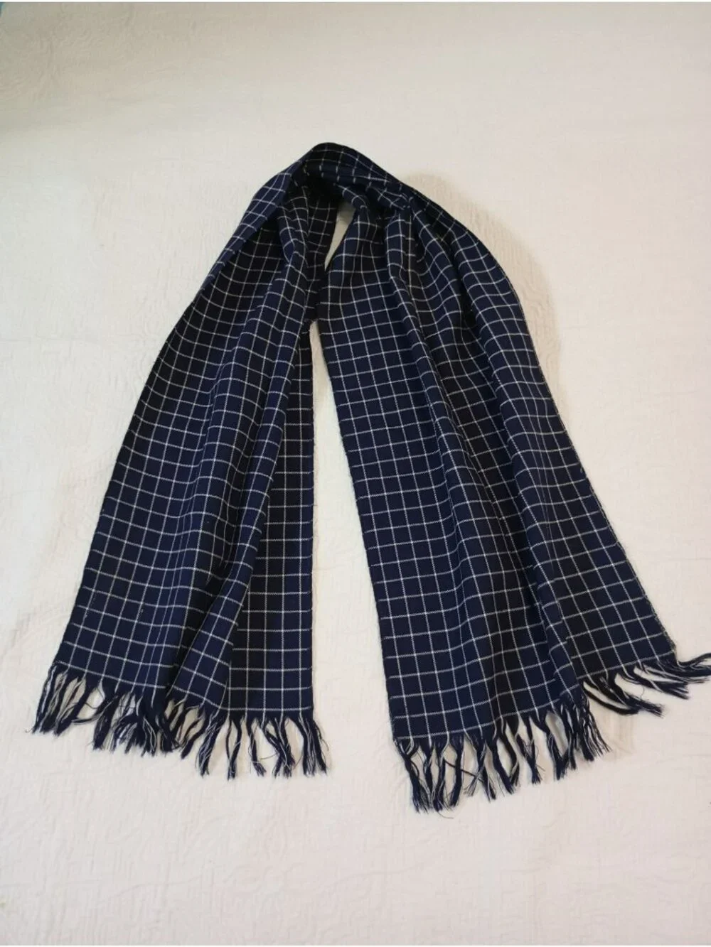 Vintage Lord Corson Scarf Navy 100% Wool Unisex White Windowpane Pattern Fringe